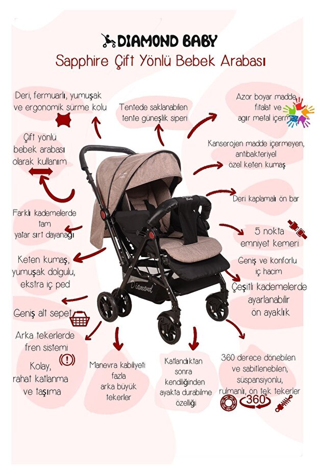 Diamond Baby Kahverengi Sapphire Çift Yönlü Bebek Arabası görsel 2
