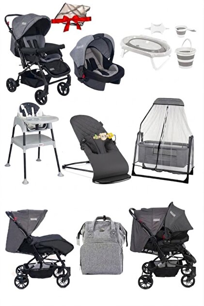 Ünal 8 Parça Çeyiz Seti Bebek Arabası Puset Ana Kucağı Beşik Mama Sandalyesi Yürüteç Bebek Bakım Çantası KAHVE görsel 4