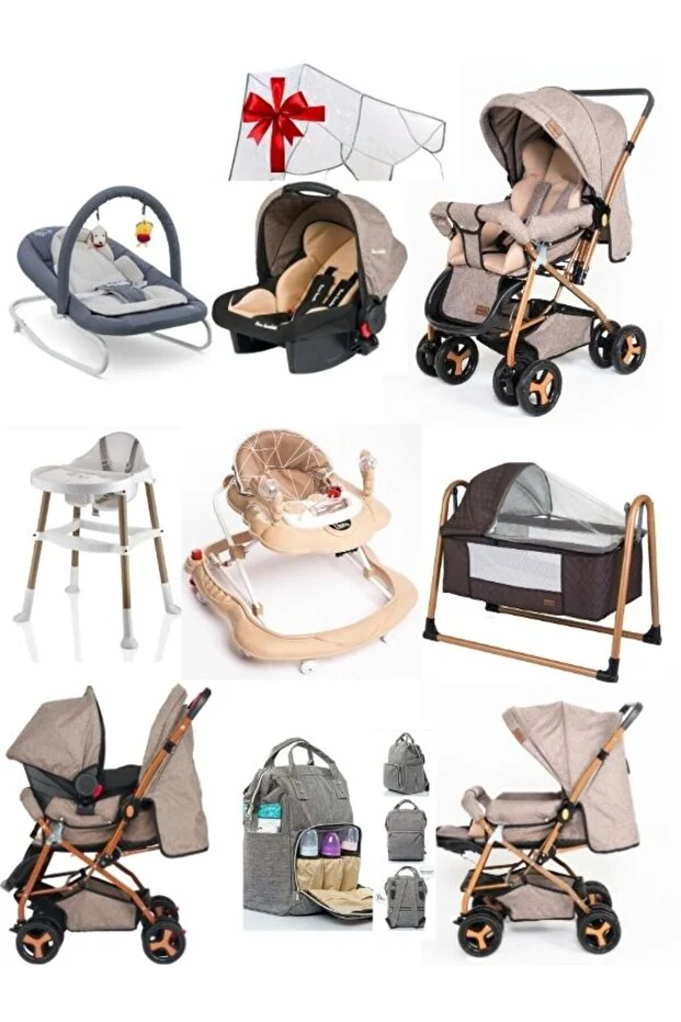 Ünal 8 Parça Çeyiz Seti Bebek Arabası Puset Ana Kucağı Beşik Mama Sandalyesi Yürüteç Bebek Bakım Çantası KAHVE