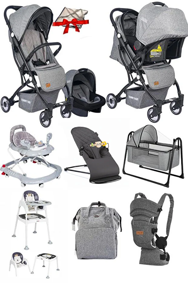 Tommybaby 10 Parça Bebek Çeyiz Seti Kabin Travel Bebek Arabası Puset Beşik Yürüteç Mama Sandalyesi Ana Kucağı