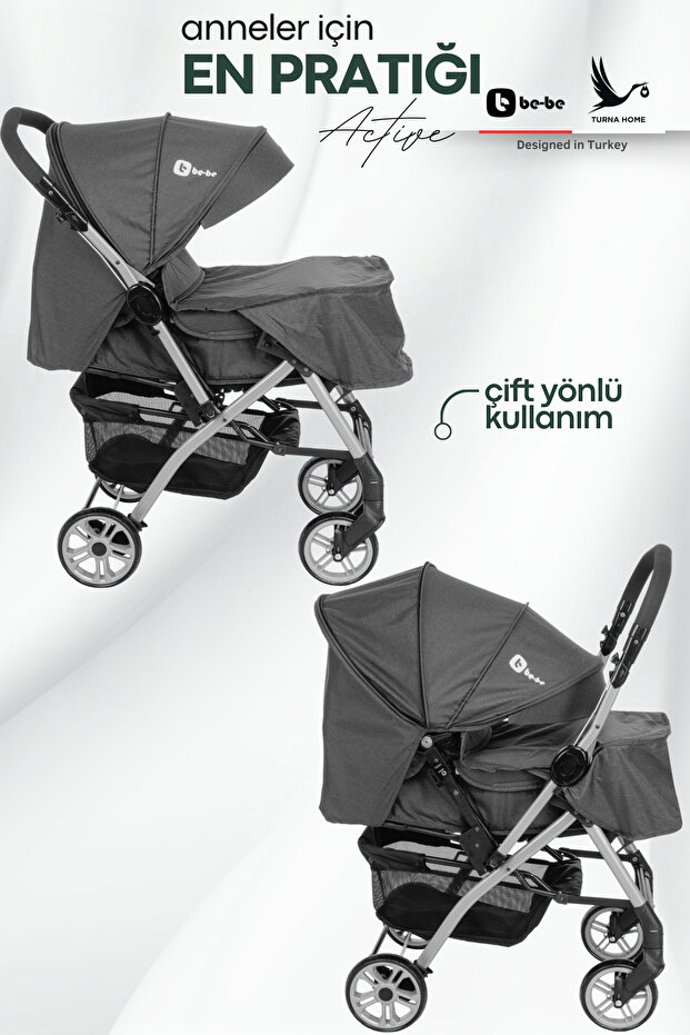 4 Baby Be-be Turnahome Active Çift Yönlü Tam Yatış Pozisyonlu Pratik Katlanır Mama Tablalı Bebek Arabası görsel 3