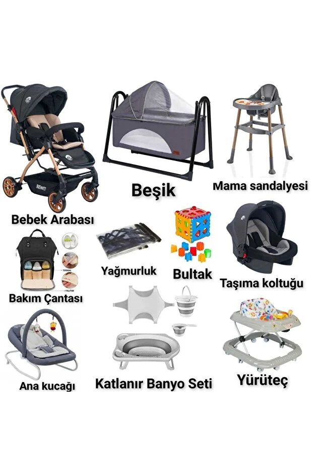 4KİDS 13 Parça Bebek Çeyiz Seti Çift Yön Bebek Arabası Beşik Puset Ana Kucağı Mama Sandalyesi Bebek Banyo