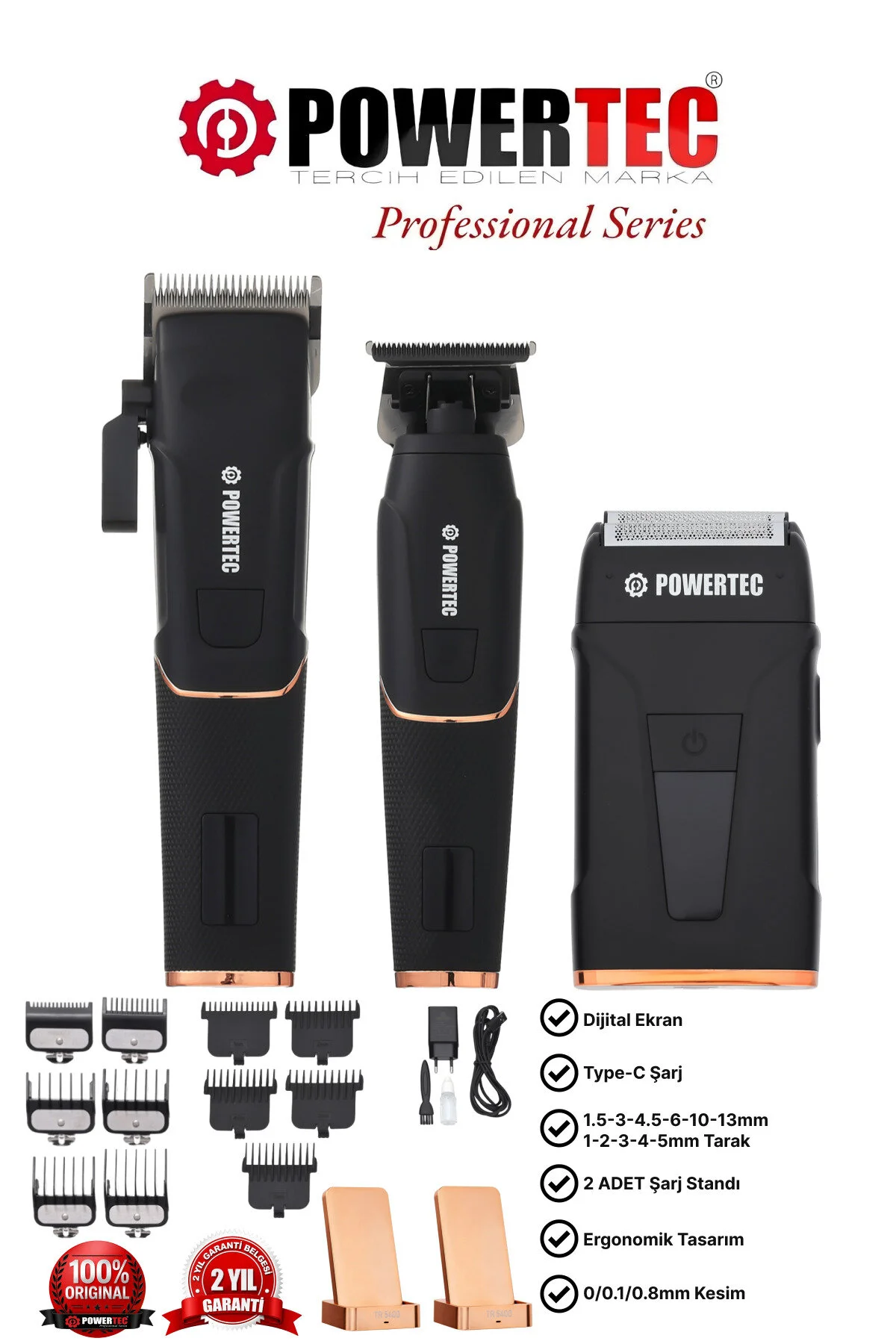 Powertec TR-5400 Saç-Sakal-Vücut-Ense-Günlük Tıraş Makinesi 3'lü Set