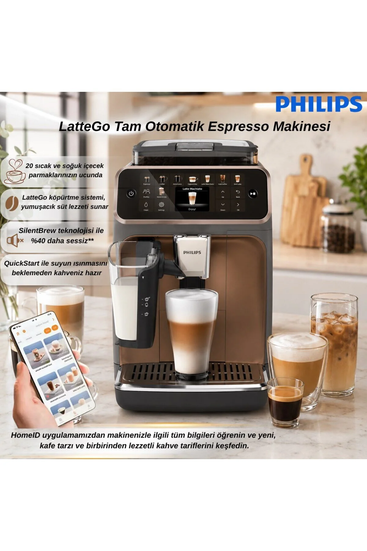 Philips LatteGo Tam Otomatik Espresso Makinesi, 20 Sıcak ve Soğuk İçecek, Silent Brew, EP5544/80