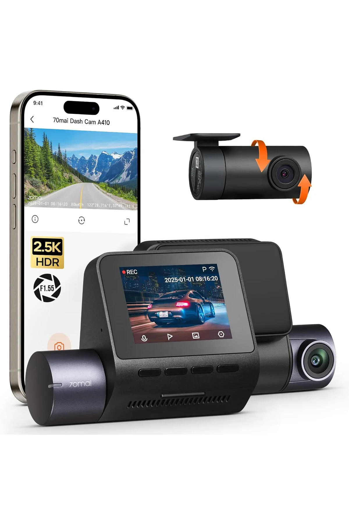 70MAİ Araç Kamerası A410 Ön Kamera+ RC21 Arka Kamera Set 2.5K + 1080P Çift Kamera